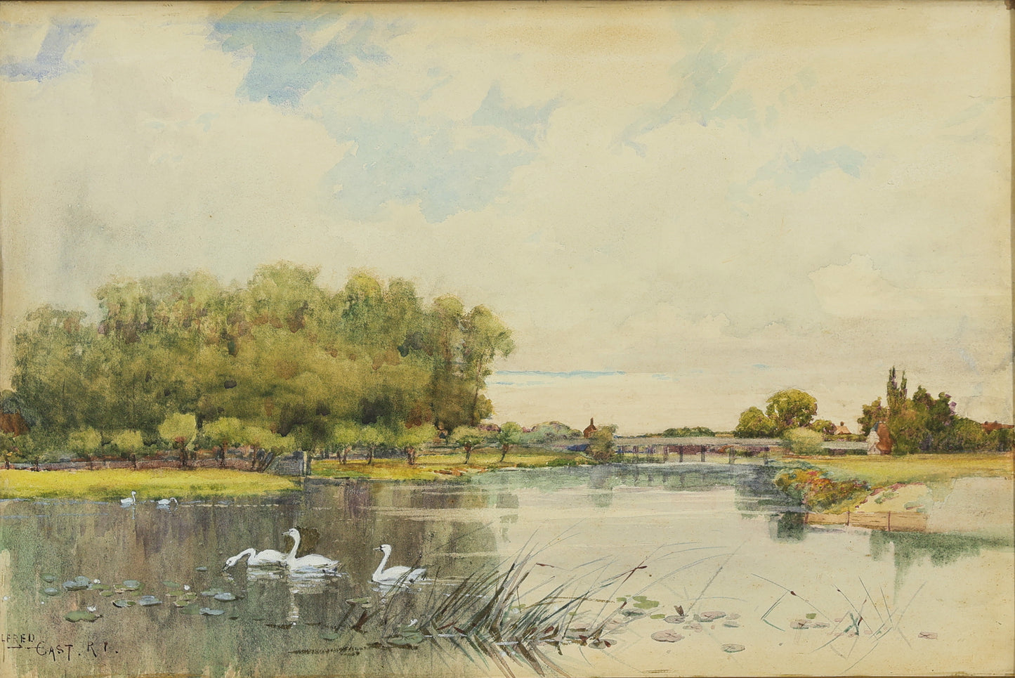 Sir Alfred East A.R.A. - Lake Study with Swans