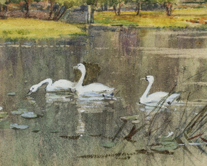 Sir Alfred East A.R.A. - Lake Study with Swans