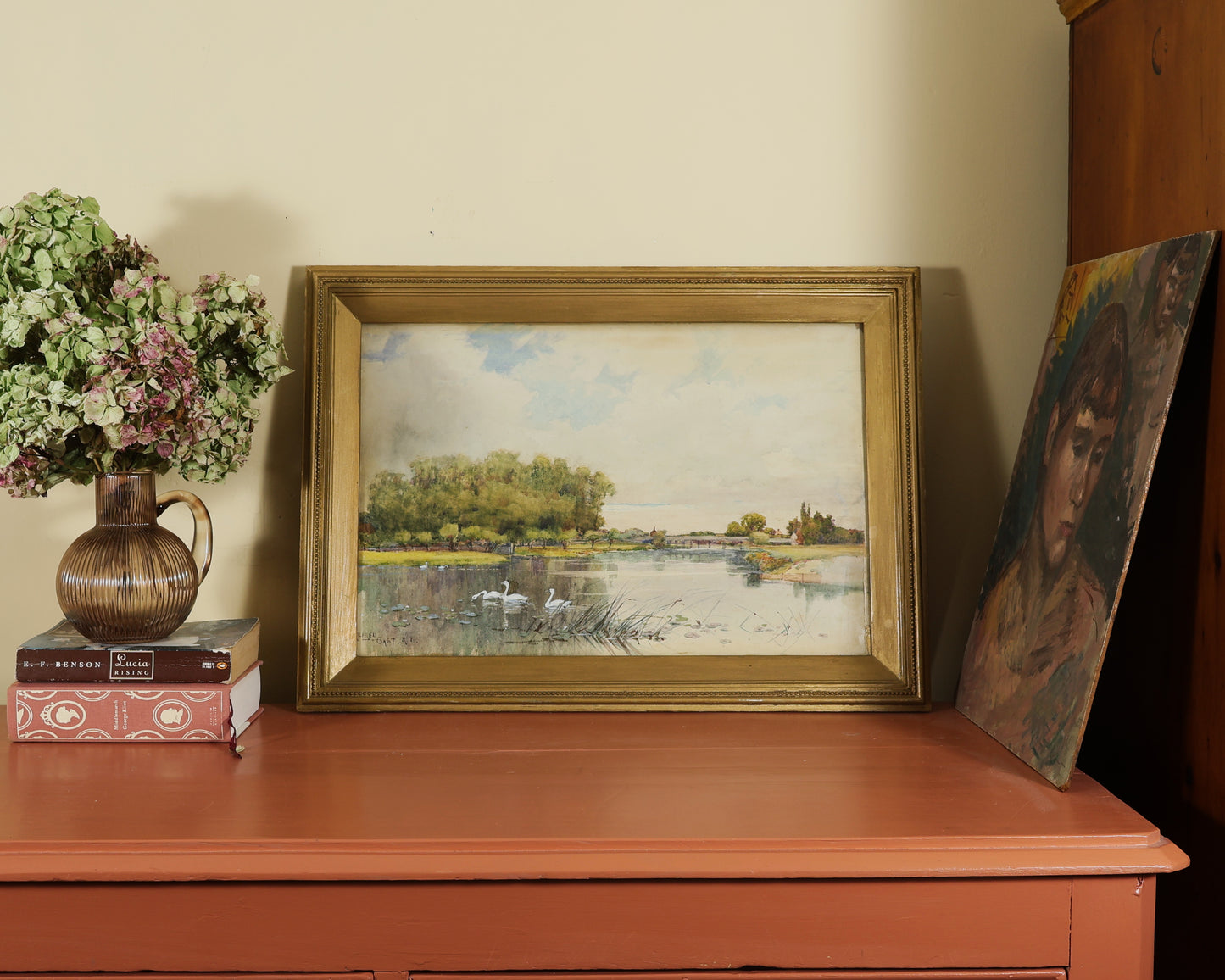 Sir Alfred East A.R.A. - Lake Study with Swans