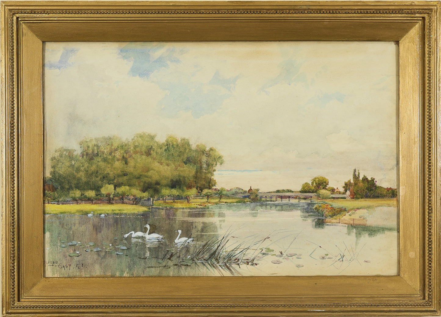 Sir Alfred East A.R.A. - Lake Study with Swans