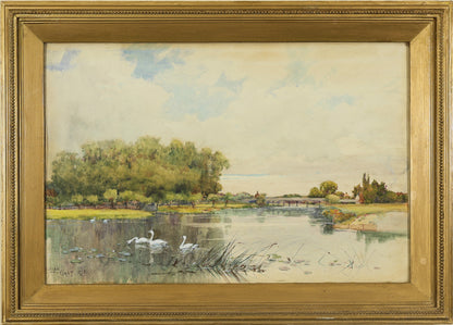 Sir Alfred East A.R.A. - Lake Study with Swans