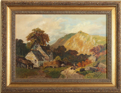 B Hampton - Cottage Landscape with Figure and Dog