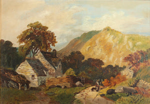 B Hampton - Cottage Landscape with Figure and Dog