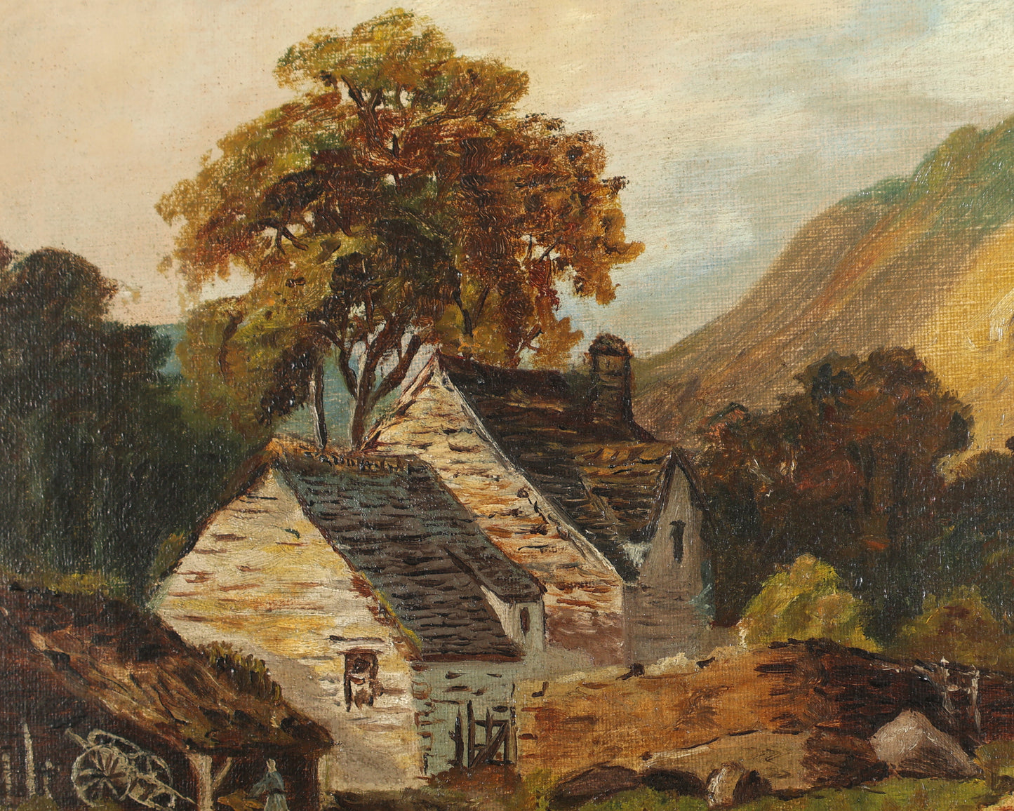 B Hampton - Cottage Landscape with Figure and Dog