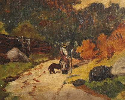 B Hampton - Cottage Landscape with Figure and Dog
