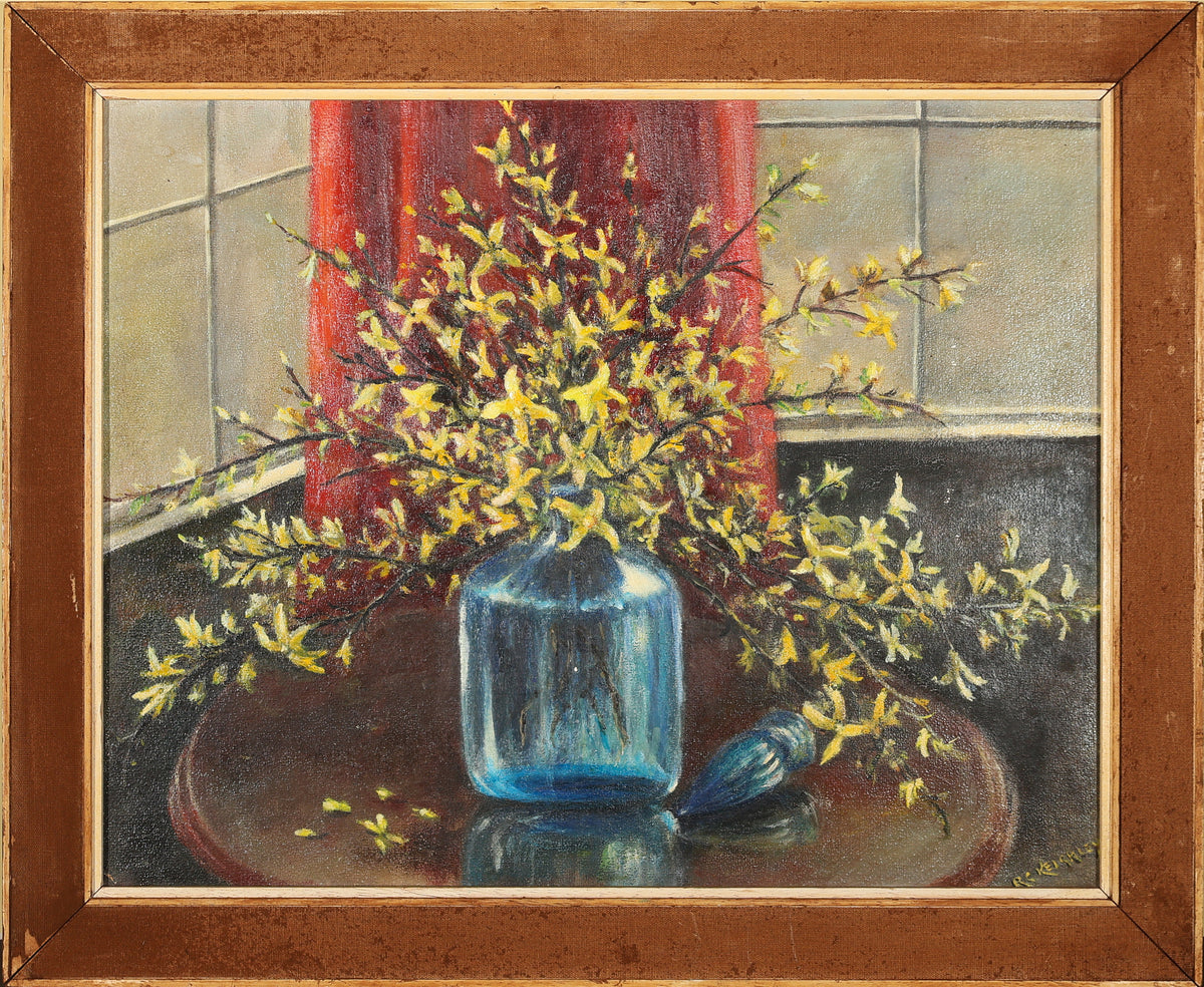 R. C. Keighley - Forsythia in a Blue Glass Decanter