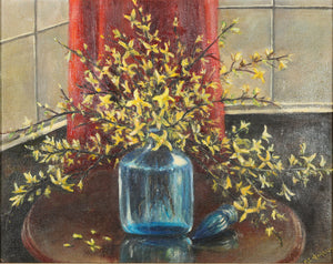 R. C. Keighley - Forsythia in a Blue Glass Decanter