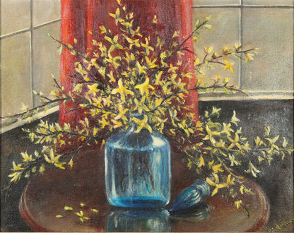 R. C. Keighley - Forsythia in a Blue Glass Decanter