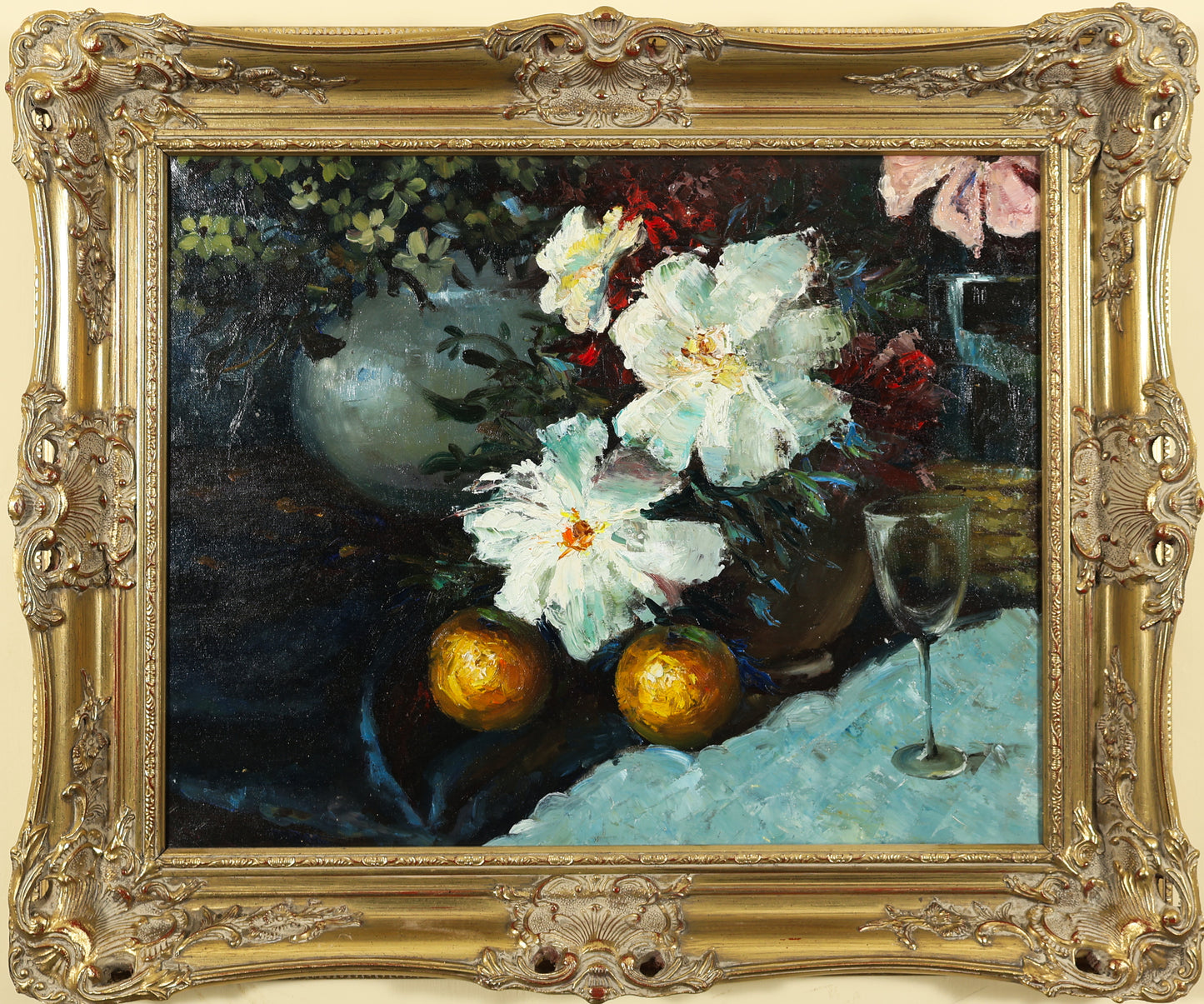 Claude Lasson - Still Life with Flowers, Oranges and Wine Glass