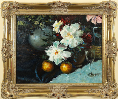 Claude Lasson - Still Life with Flowers, Oranges and Wine Glass
