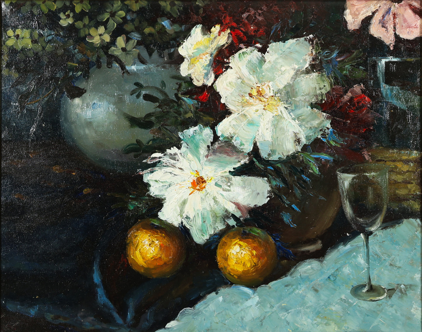 Claude Lasson - Still Life with Flowers, Oranges and Wine Glass